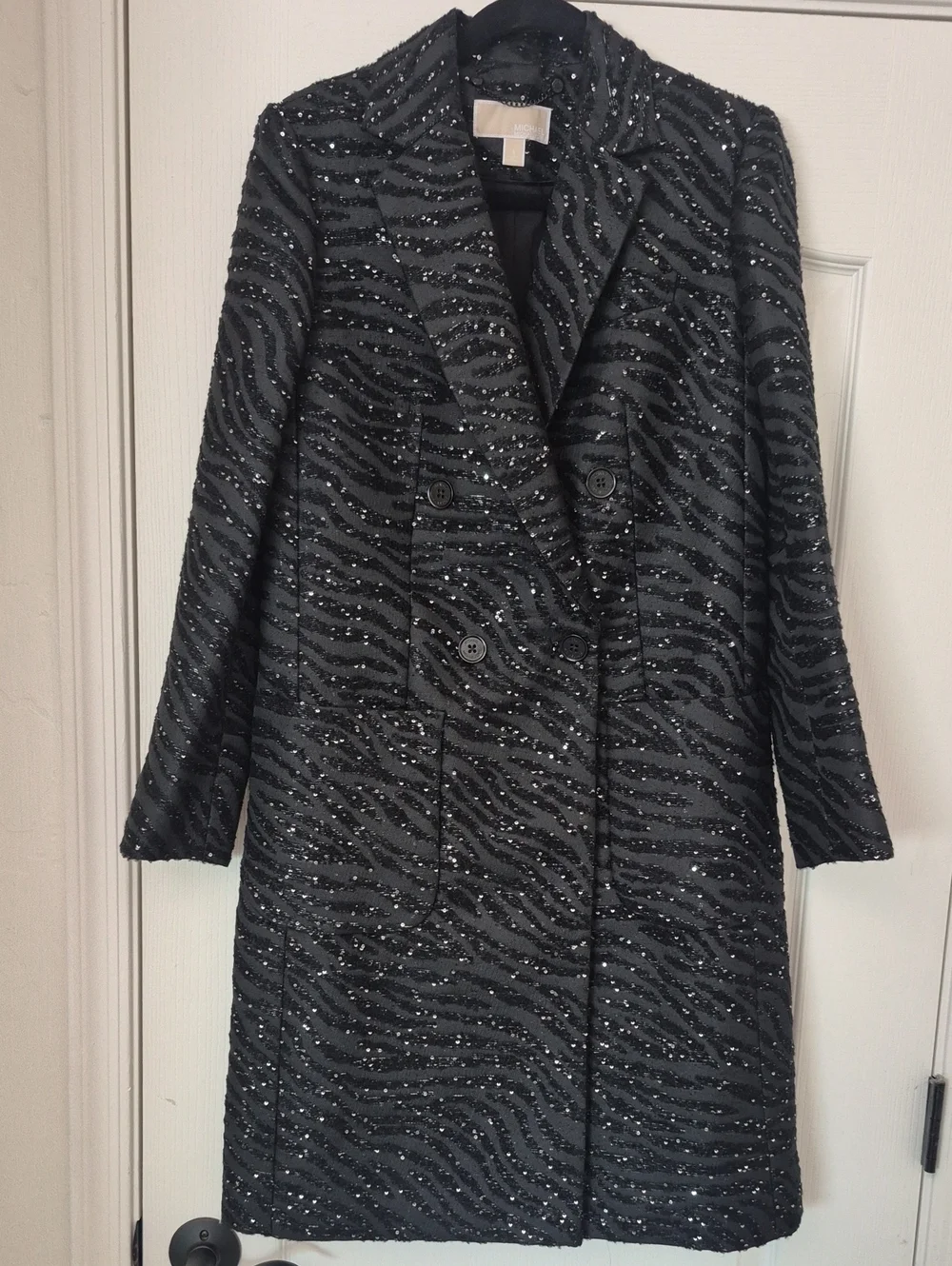 Gorgeous Michael Kors Sequin Zebra Striped Black Coat SZ 4